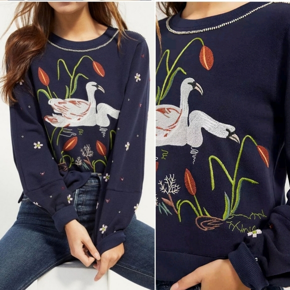 Anthropologie Tops - Anthropologie Swan Lake Embroidered & Bead Embellished Crewneck Sweatshirt